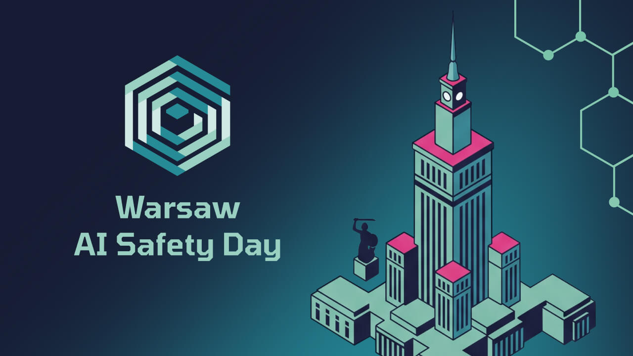 Grafika Warsaw AI Safety Day z ilustracją Pałacu Kultury i Nauki